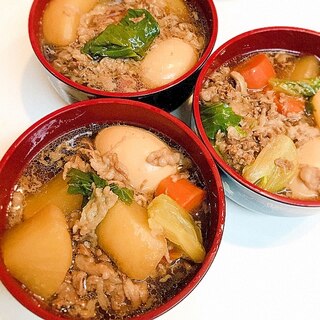 大根とチンゲン菜で☆こってり牛肉の煮物